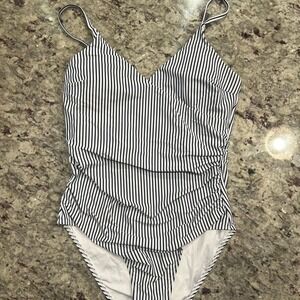 Striped One Piece Swimsuit V Neck Ruched Sides Criss Cross Straps